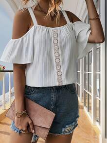 Women's Sexy Off Shoulder Lace Patchwork Solid Color Blouse