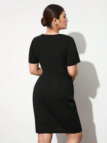 BizChic Conjunto De Camiseta De Manga Corta Para Mujer De Talla Grande Y Falda Con Cremallera Asimétrica