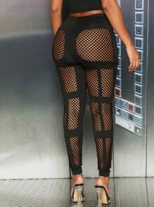 SHEIN SXY 魚網網眼插入高腰緊身褲 - 黑色 - 查看 2