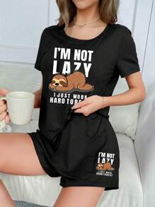 Sloth Print Short Sleeve T-Shirt And Shorts Pajama Set - Black - View 3