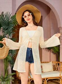 SHEIN Teen Girls' Knit Hollow Out Jacquard Cardigan With Long Sleeves And Casual Style