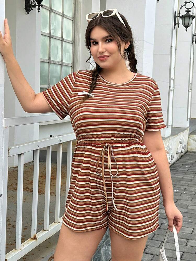 Women's Plus Size Striped Drawstring Waist Jumpsuit
