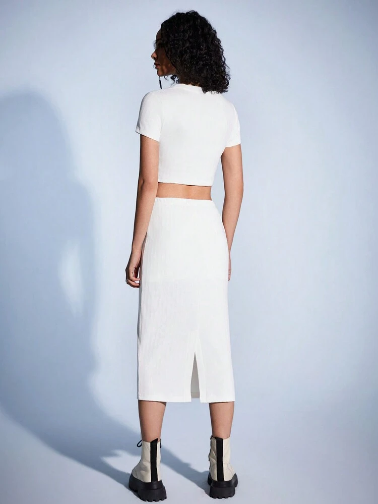 Women's Letter & Strawberry Print T-Shirt And Split Hem Skirt Set