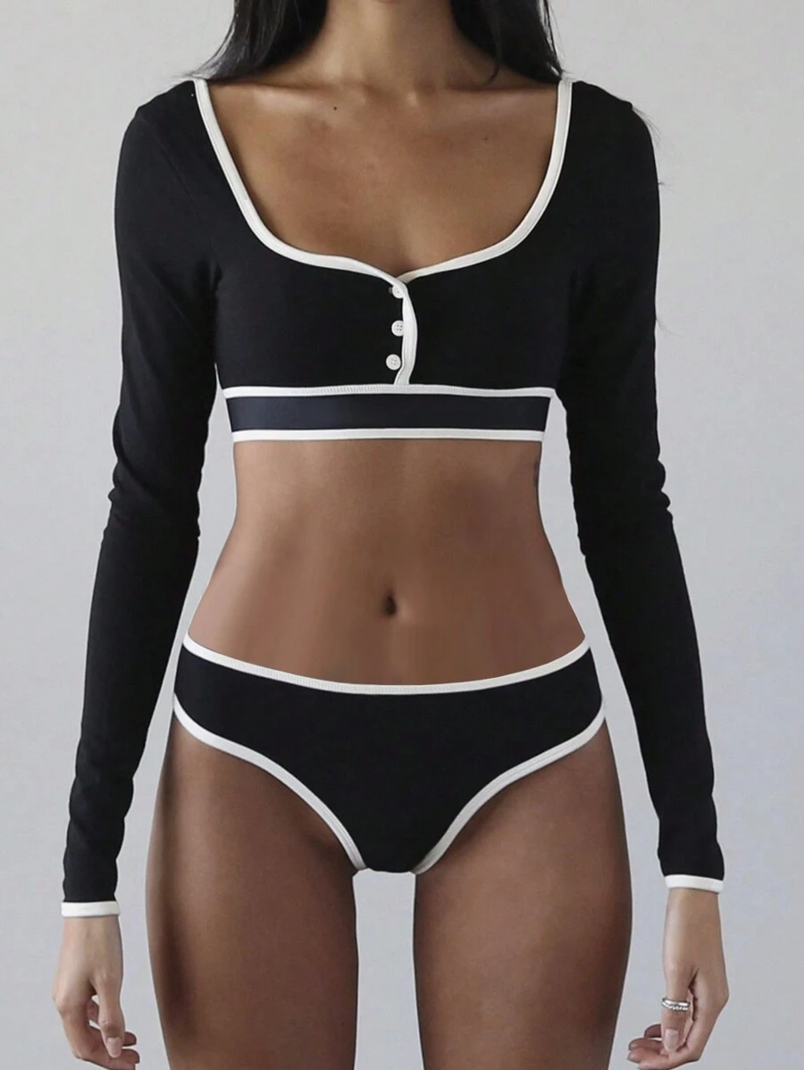 INAWLY Women Two-piece Outfits Tombol Contrast Binding Plain Seksi - Hitam - View 1
