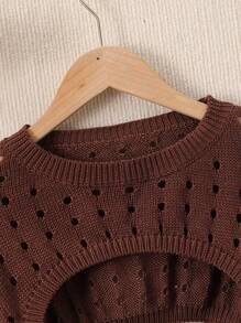 Teen Girl Hollow Out Cropped Sweater - Coffee Brown - View 4