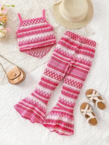 SHEIN Set de două piese pentru fetiță tânără, cu tiv asimetric, cu imprimeu geometric, camisole și pantaloni evazați - Roz - Vizualizare 2