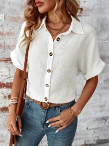 SHEIN LUNE Women's Solid Color Textured Button Front Shirt - White - View 3