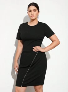 BizChic Conjunto De Camiseta De Manga Corta Para Mujer De Talla Grande Y Falda Con Cremallera Asimétrica