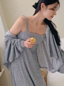 DAZY 2 件套女士秋季缀饰落肩长袖连帽夹克和吊带连衣裙，适合商务休闲，秋季女装 - 灰色 - 查看 4