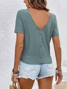 SHEIN Frenchy Của phụ nữ Màu thuần Ren Nối Áo thun Với nút Chi tiết Trở lại - màu xanh lá - Xem 3
