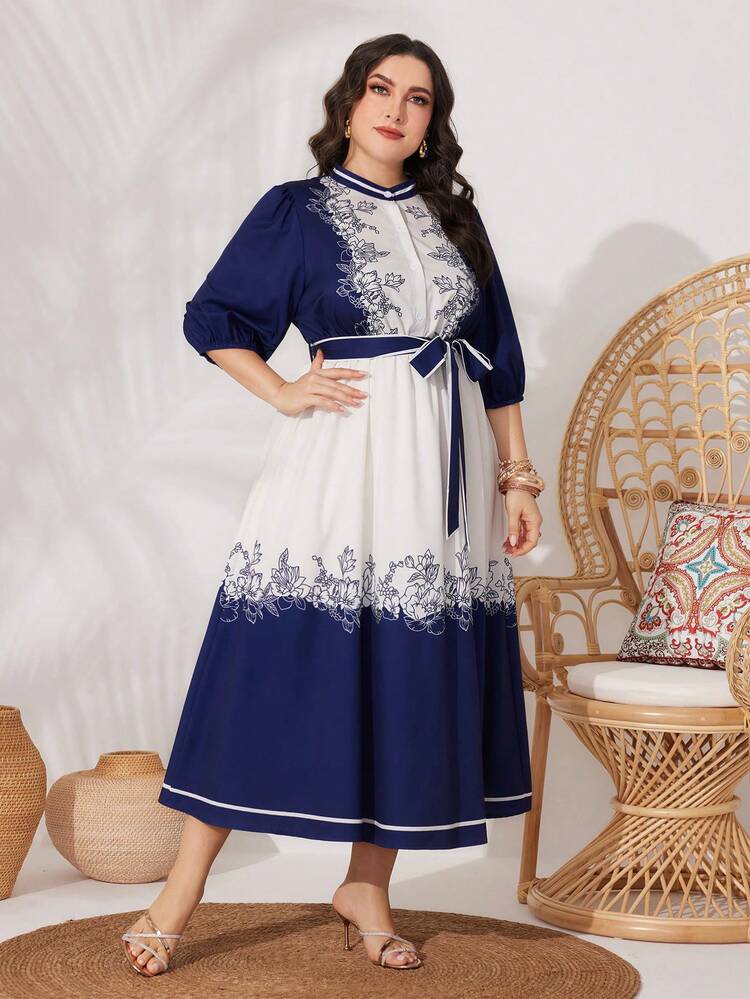 Plus Size Women's Flower Printed Stand Collar Color Block Dress