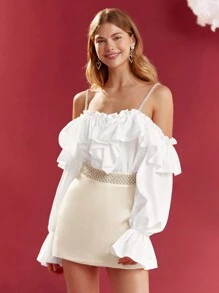 Enchnt Women Blouses Appliques Frill Ruffle Plain Lucu - Putih - View 4