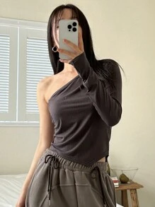 DAZY 女式一肩長袖 T 卹 - 灰色 - 查看 3