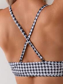 SHEIN Swim 夏季女士千鸟格交叉系带吊带比基尼上衣和纯色下装泳装套装 - 黑與白 - 查看 4