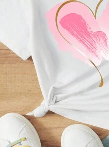 SHEIN Leap Crew Tween Girls' Casual & Simple Heart Pattern Short Sleeve T-Shirt With Round Neckline, Suitable For Summer - White - View 4