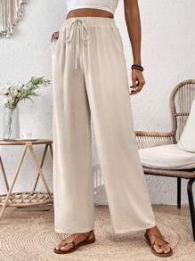 Breezaya Women's Loose Fit Straight Cut Wrinkled Texture Elastic Waist Drawstring Spring And Summer Pants Fall Cloth For Women - Apricot - View 3