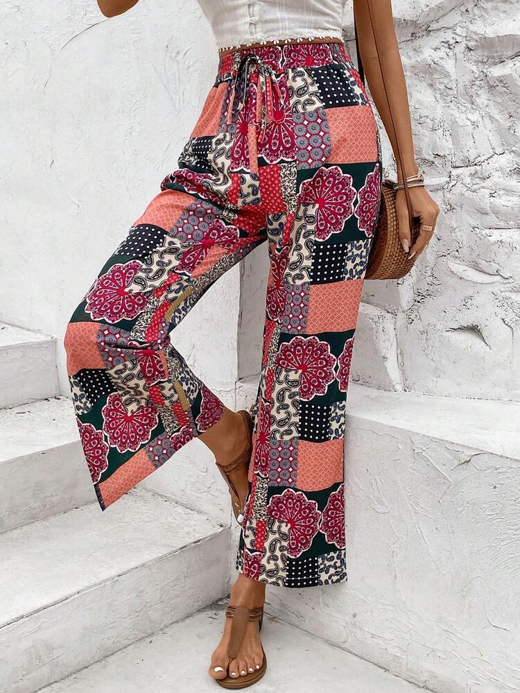 Women's High Waist Floral Print Tie-Front Wide Leg Pants Fall Cloth For Women