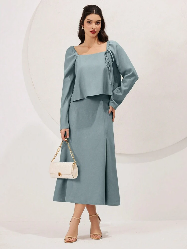 Women's Puff Sleeve Square Neck Top And Skirt Set 2 Piece Set