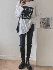 DAZY Của phụ nữ Vòng cổ Lá thư & Năm cánh Ngôi sao In Áo thun - trắng - Xem 9