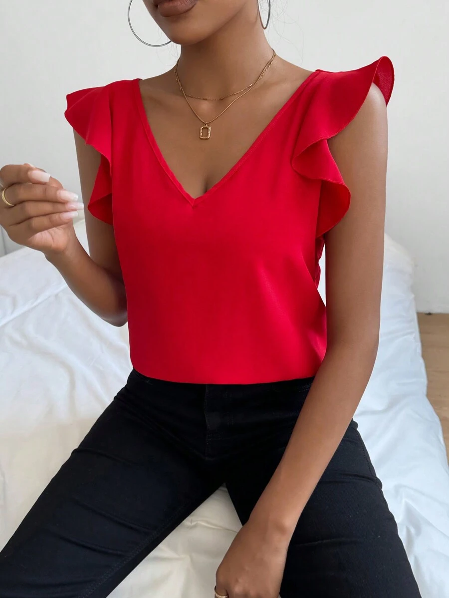 SHEIN Privé Women's V-Neck Ruffle Hemline Decor Blouse - Red - View 1