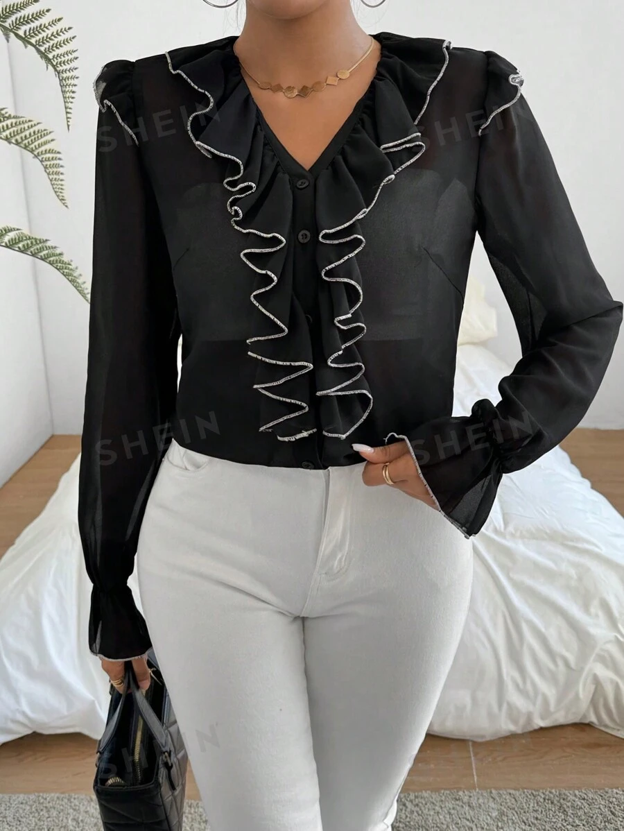 SHEIN Privé Camiseta Romántica De Manga Larga De Gasa Con Volantes En Bloque De Color Para Mujer