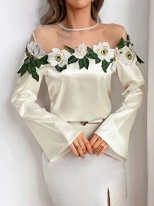 SHEIN Privé 女士花卉刺繡喇叭袖襯衫 - 杏色 - 查看 2