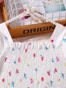 女童花卉印花泡泡袖公主裙 - 白色 - 查看 5