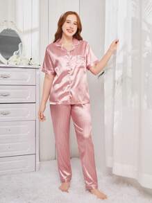 Conjunto de pijama de pantalón y blusa de manga corta de satén color coral rosado para adolescentes - Rosa coral - Ver 6