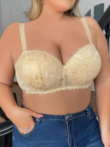 大尺碼女士實色蕾絲無肩帶胸罩,配有鋼圈 - 杏色 - 查看 4