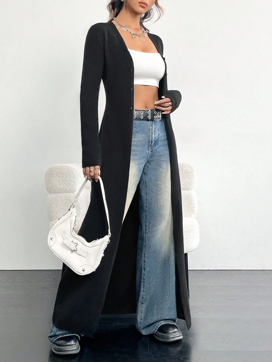 SHEIN EZwear 时尚加长开衫，适合在刮风天散步，秋冬季长袖上衣之选