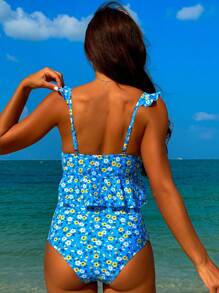SHEIN Swim Women's Ditsy Floral Ruffled Bikini Set Summer Beach - Blue - View 3