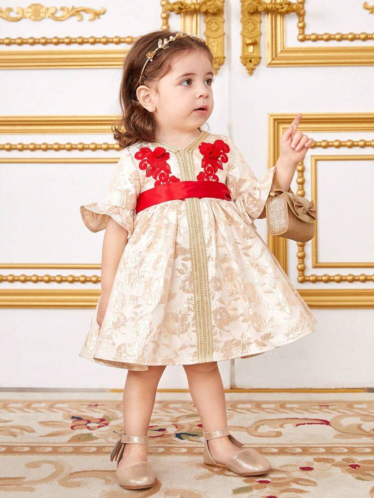 Baby Girl's Gorgeous Gold Floral Pattern Color Block Ruffle Sleeve Dress