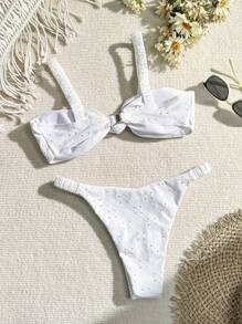 SHEIN Swim Women's Bikini Set With Twisted Detail, Cut-Out And Embroidery Summer - White - View 2