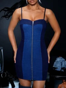 SHEIN BAE 女性性感聚會迷人牛仔連身裙,配有細肩帶 - 藍色 - 查看 2