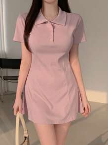 DAZY Women's Button-Down Half Placket Casual Dress - Pink - View 5