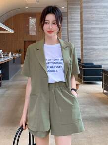 DAZY Business Casual Blazer Collar Short Sleeve Top And High Waist Wide Leg Shorts 2 Pieces Set For Women
