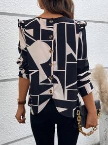 SHEIN Clasi 女款混合印花荷葉邊飾襯衫 - 黑色 - 查看 1