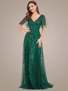 EVERPRETTY 优雅蝴蝶袖亮片礼服 - 墨綠色 - 查看 1