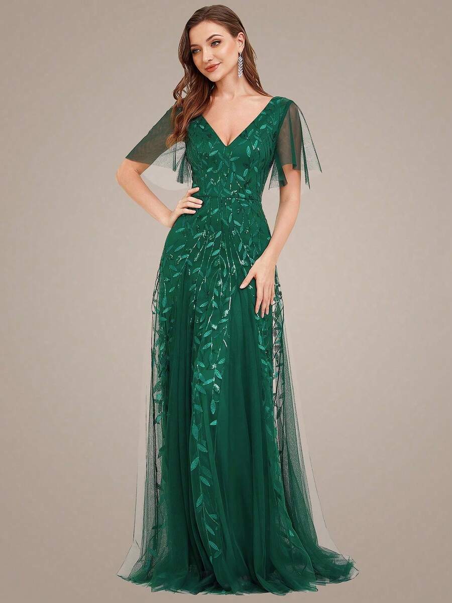 EVERPRETTY 优雅蝴蝶袖亮片礼服 - 墨綠色 - 查看 1