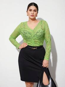 BizChic Của phụ nữ Kích thước lớn Màu thuần Xếp li Ren Áo - màu xanh lá - Xem 8