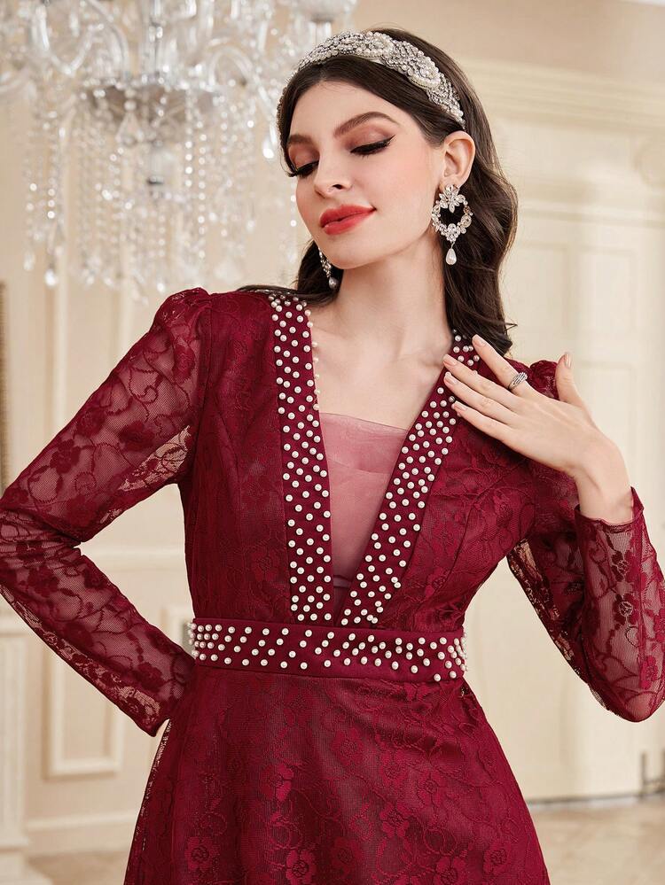 Burgundy Red Women's Lace Patchwork Puff Long Sleeve Dress