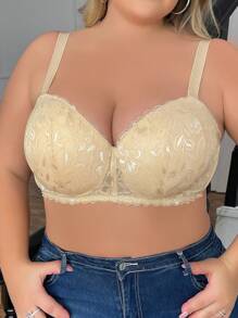 大尺碼女士實色蕾絲無肩帶胸罩,配有鋼圈 - 杏色 - 查看 6