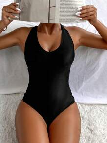 Swim SXY 素色交叉露背連體泳衣 - 黑色 - 查看 4
