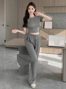 DAZY Bộ đồ hai mảnh mùa hè dành cho nữ, gồm áo thun ngắn tay cổ tròn và quần dài. - Xám - Xem 4