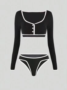 INAWLY Women Two-piece Outfits Tombol Contrast Binding Plain Seksi - Hitam - View 4