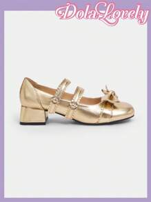 Dola Lovely Women's Bow Knot Printed Mary Jane Shoes With Heart-Shaped Double Straps And Buckle Detail, Fashionable High Heel Pumps