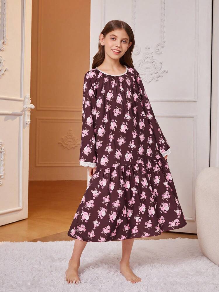 Tween Girls' Wine Red Floral Print Long Sleeve Sleep Dress Home Wear