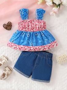 2pcs/Set Spring & Summer Baby Girls' Colorblock Floral Sleeveless Top & Washed Denim Shorts Fashion Toddler Outfit