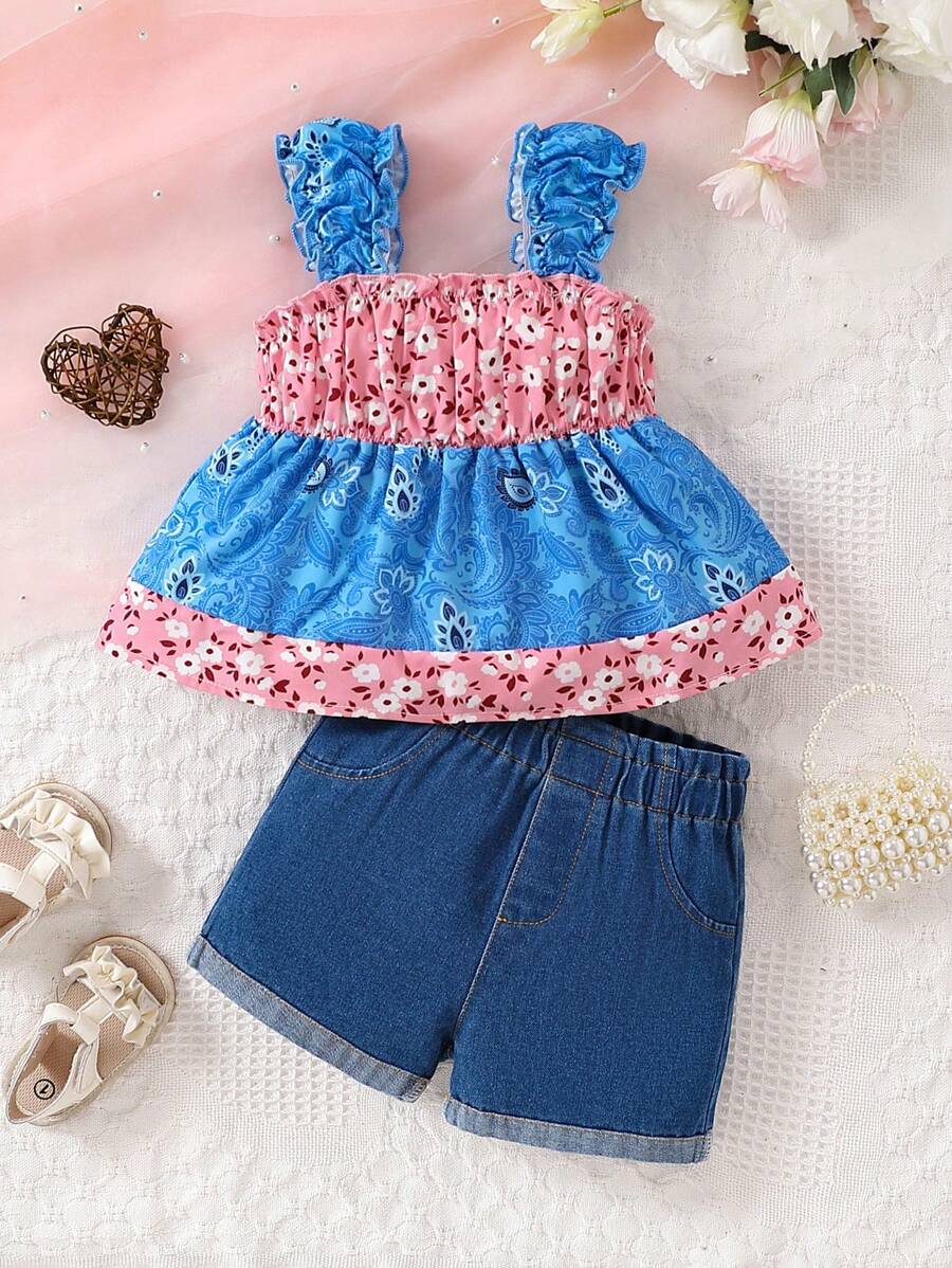 2pcs/Set Spring & Summer Baby Girls' Colorblock Floral Sleeveless Top & Washed Denim Shorts Fashion Toddler Outfit