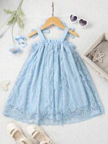 SHEIN Young Girl's Blue Floral-Printed Water Soluble Lace Cami Dress